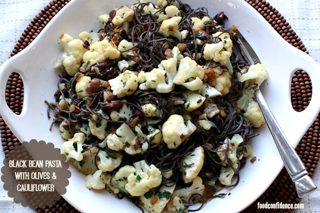 black bean pasta with olives and cauliflower -- gluten free, high in protein and fiber