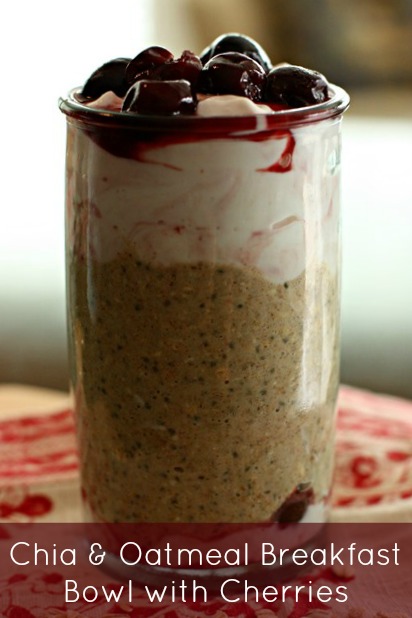 Chia Oatmeal bowl with cherries -- made with fresh almond milk and homemade cherry Greek yogurt -- ready in 5 mins!