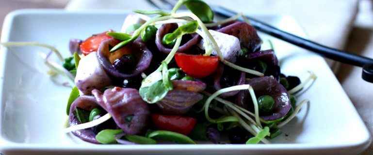 Wild Blueberry Pasta with Peas and Microgreens