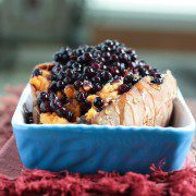 Warm Wild Blueberries poured over a twice Baked Sweet Potato -- so decadent and so delicious! Perfect healthy holiday side dish recipe or weeknight dinner!