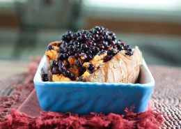 Warm Wild Blueberries poured over a twice Baked Sweet Potato -- so decadent and so delicious! Perfect healthy holiday side dish recipe or weeknight dinner!