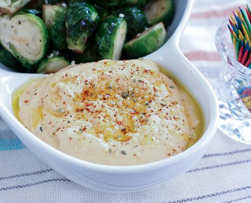 Harissa Hummus Dip with roasted Brussels Sprouts