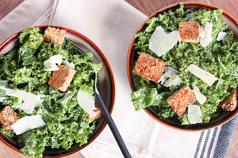 Kale Miso Caesar Salad with homemade croutons