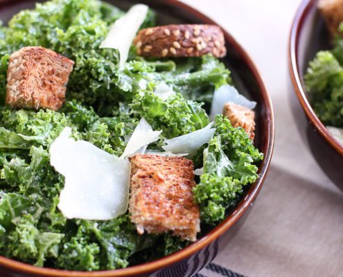 Miso kale caesar with sprouted bread croutons