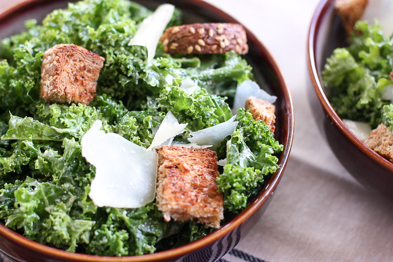 Miso kale caesar with sprouted bread croutons