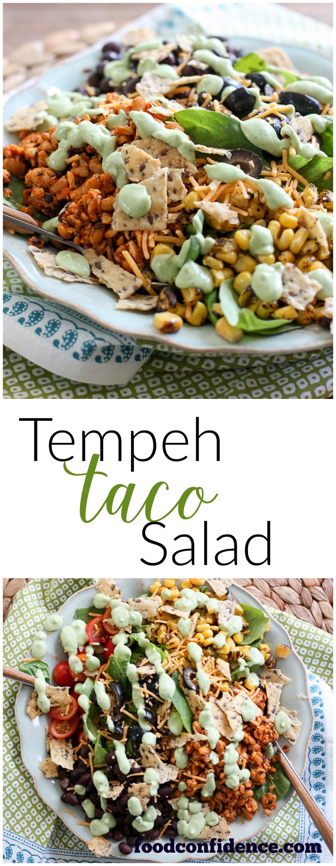 Healthy Tempeh Taco Recipe with Creamy Avocado Cilantro Dressing. Made with Greek yogurt. Super delicious, healthy and easy to make recipe for quick weeknight meal! 
