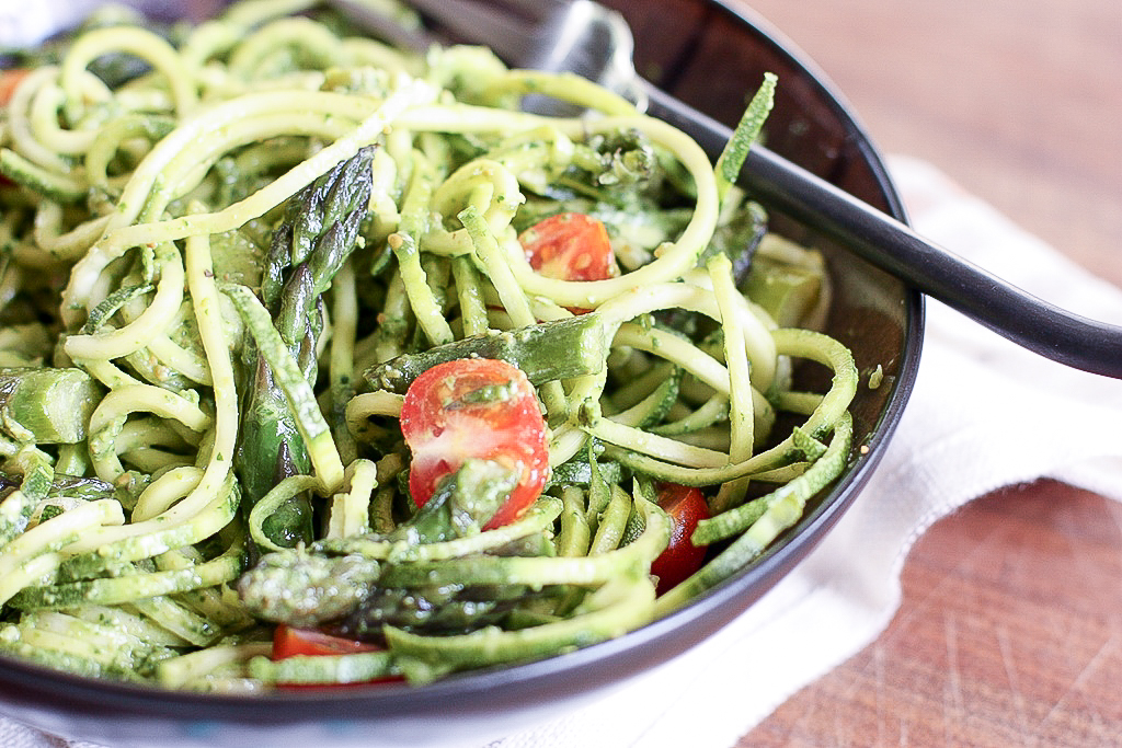 Asparagus and Zucchini Noodles with Spinach Pesto