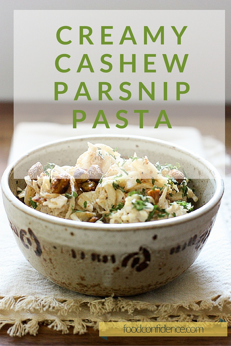 Make this creamy parsnip pasta with seasoned pistachios for a delicious gluten and dairy free comfort food fix! 